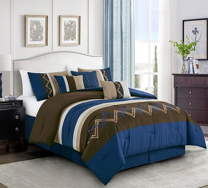 Chezmoi Collection Arden 7-Piece Modern Pleated Stripe Embroidered Zigzag Bedding Comforter Set (Oversized King, Coffee/Brown/Navy/White)