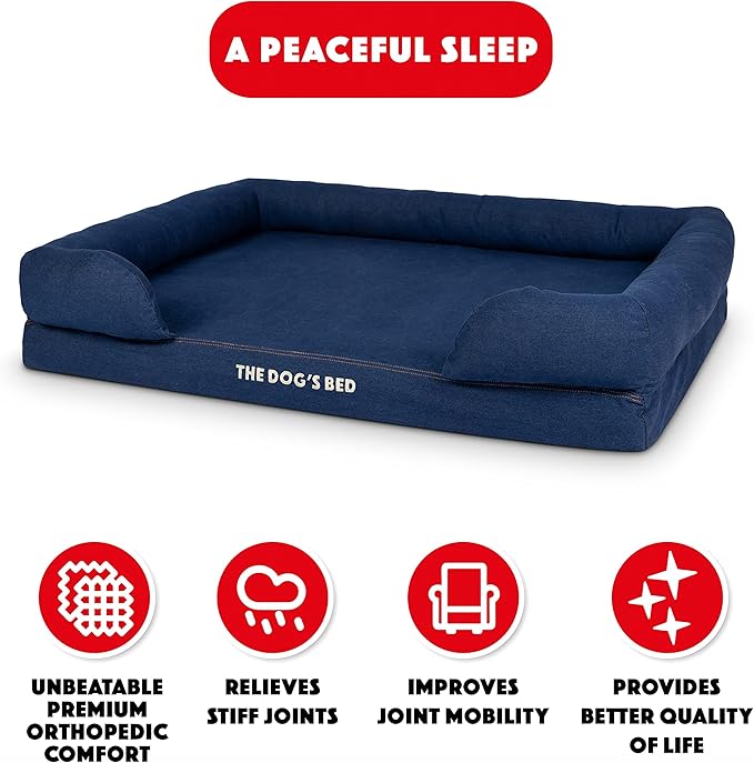 The Dog’s Bed Orthopedic Memory Foam Dog Bed with Bolsters, Oxford Fabric, Blue Denim, XL
