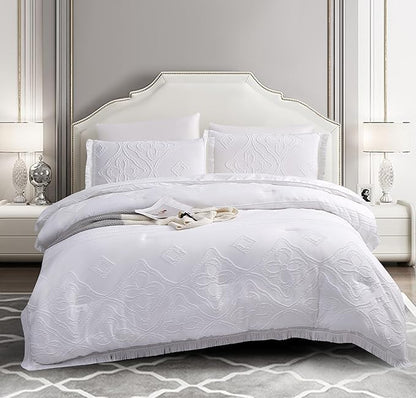 Boho King Size Comforter Set White 3 Pieces Tufted Tassel King Comforter Set Prime Lightweight Down Comforter King Size White Farmhouse Boho Bedding Shabby Chic Fluffy Comforter Bed Set Gift Choice