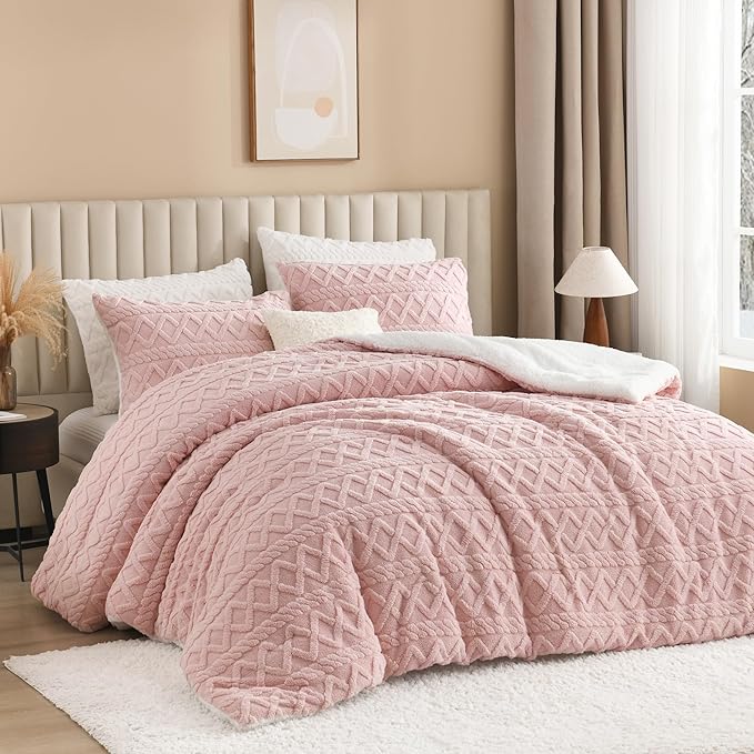 Andency Fluffy Sherpa Full Comforter Set, Super Soft Blush Fleece Warm Bedding for Winter, Luxury Jacquard Boho Thick Fuzzy Plush Bed Set 3 Pieces(1 Shaggy Comforter, 2 Pillowcases)