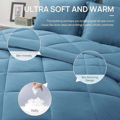 Love's cabin King Size Comforter Set Misty Blue, 7 Pieces King Bed in a Bag, All Season Bedding Sets with 1 Comforter, 1 Flat Sheet, 1 Fitted Sheet, 2 Pillowcase and 2 Pillow Sham