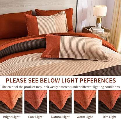 Anibedding Terracotta Queen Comforter Set 7 Pieces, Burnt Orange Bedding Comforter Set for All Season, Patchwork Striped Bed in a Bag with Sheets
