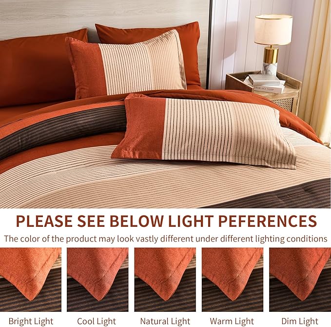 Anibedding King Size Terracotta Comforter Set 7 Pieces, Burnt Orange Bedding Comforter Set for All Season, Patchwork Striped Bed in a Bag with Sheets