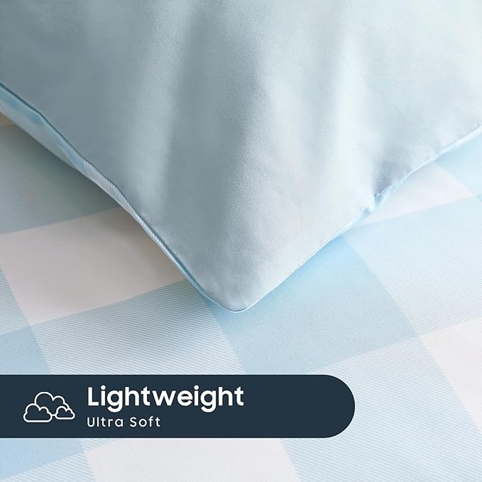 Wake In Cloud - Gingham Comforter Set, Plaid Buffalo Check Checkered Cottagecore Cute Geometric, Soft Lightweight Bedding, 3 Pieces, Light Blue White, Queen Size