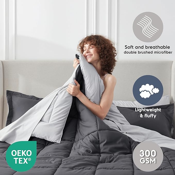 Nestl 7 Piece California King Comforter Set – Dark Grey Reversible Bed in a Bag – Complete Cal King Size Bedding Set with Sheets, Pillowcases and Shams
