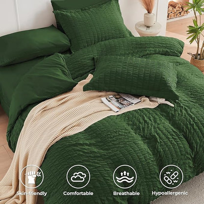 HYMOKEGE Dark Green California King Comforter Set Seersucker 7 Pieces, All Season Luxury Bed in a Bag Queen for Bedroom, Bedding Set with Comforter, Sheets, Pillowcases & Shams