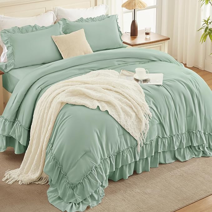 Andency Sage Green Queen Comforter Set, 3 Pieces Lightweight Farmhouse Shabby Chic Ruffle Bedding Comforter Sets for Queen Bed, Fluffy Soft Microfiber All Season Bed Set(90x90Inch)