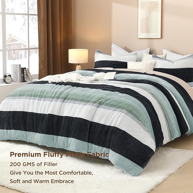 Litanika Fluffy Fleece King Size Comforter Set, Luxury Soft Plush Fuzzy Sage Green Stripe Bedding Comforter Sets, Warm Shaggy Faux Fur Bed Set All Season (1 Comforter, 2 Pillowcases)