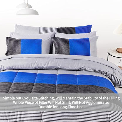 RYNGHIPY 8Pcs Blue and Grey Stripe Comforter Set Queen Size, Ultra Soft Microfiber Filling Patchwork Comforter Duvet, Bed Sheets and Pillowcases (Queen,Blue Grey)