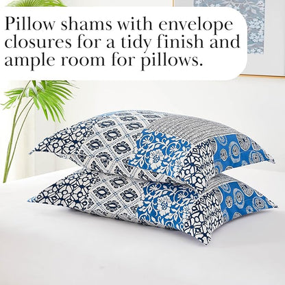 Southshore Fine Living, Inc. King Sized Comforter Set with 2 Pillow Shams, Reversible Bedding Sets - Global Patchwork Quilt - Alternative Down Comforter for Cal/King Mattress, Blue & White