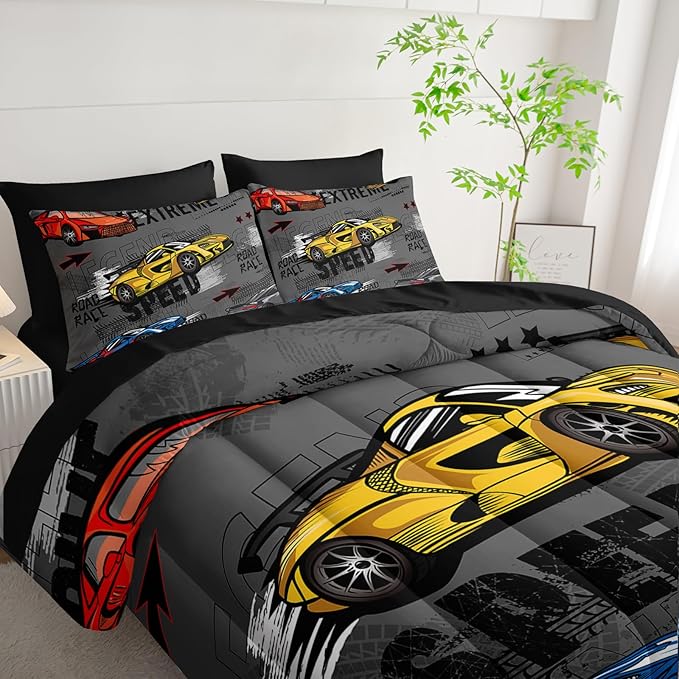 7 Piece Race Car Comforter Set with Sheets Queen Bed，Race Car Queen Bedding Sets for Boys，(1 Comforter, 1 Flat Sheet, 1 Fitted Sheet, 2 Pillowcase and 2 Pillow Sham)