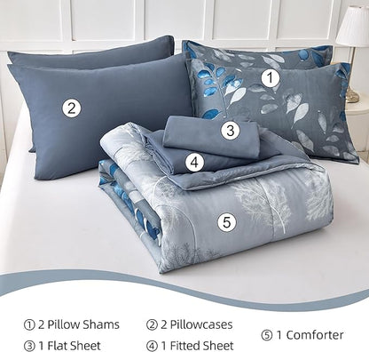 Anibedding Blue Comforter Set California King Size 7 Piece Navy Botanical Gradient Leaves Ultra Soft Lightweight Reversible Microfiber Bedding Comforter Set for All Season