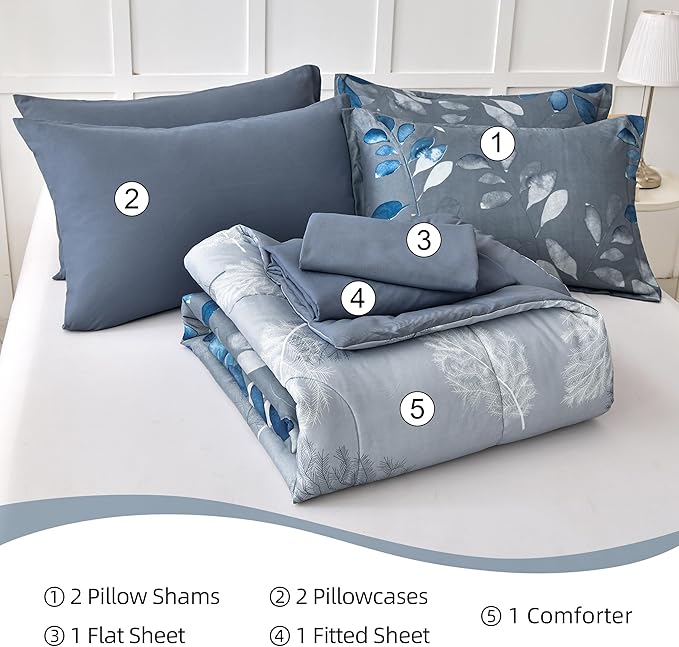 Blue Comforter Set Full Size 7 Piece Botanical Leaves Gradient Bed in a Bag Ultra Soft Microfiber Down Alternative Bedding Set Lightweight Reversible Bed Comforter Set for All Season 78" x 90"