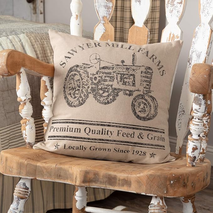 VHC Brands Sawyer Mill Graphic/Print Chambray Cotton Farmhouse Stenciled Square Pillow 18x18 Filled Bedding Accessory, Tractor Charcoal