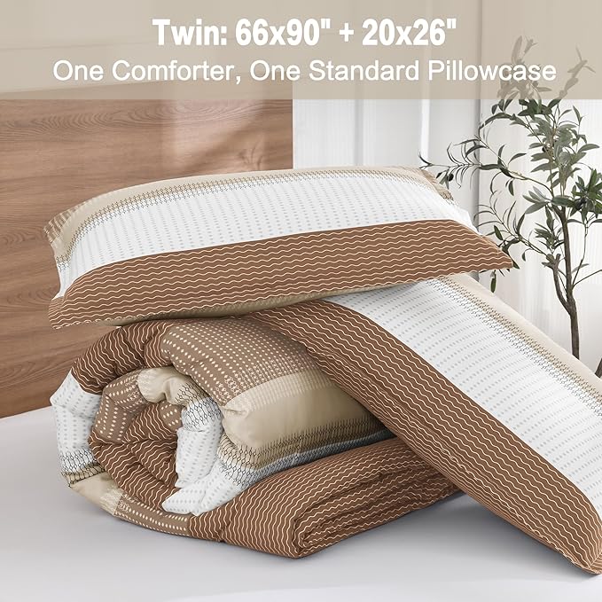 Litanika Twin/Twin XL Comforter Set Dorm Bedding Beige, 2 Pieces Twin Extra Long Comforter & Sets Taupe Khaki White Colorblock Stripe, All Season Bed Set