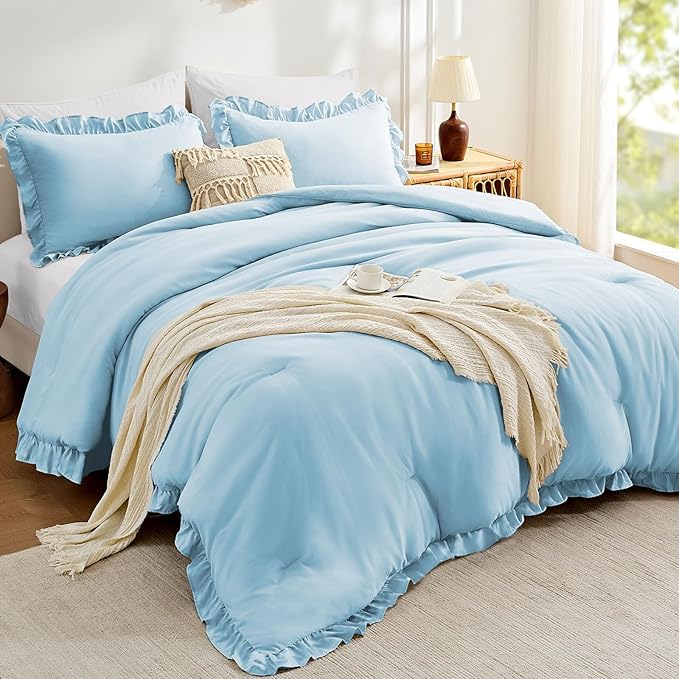 FUANNA Full Size Comforter Sets Light Blue, 3 Pieces Ruffle Full Size Bedding Sets, Fluffy Bed in a Bag Full for All Seasons, Shabby Chic Full Bed Set with 1 Lightweight Comforter & 2 Pillowshams