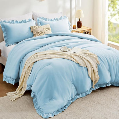 FUANNA Full Size Comforter Sets Light Blue, 3 Pieces Ruffle Full Size Bedding Sets, Fluffy Bed in a Bag Full for All Seasons, Shabby Chic Full Bed Set with 1 Lightweight Comforter & 2 Pillowshams