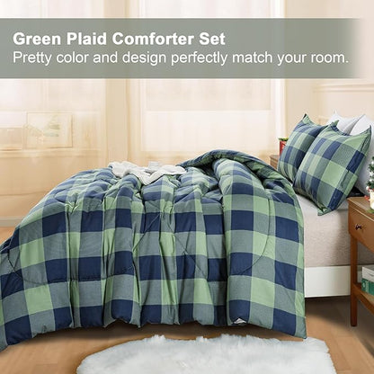 Andency Green Plaid Comforter Twin(66x90Inch), 2 Pieces (1 Comforter, 1 Pillowcase) Buffalo Checkered Gingham Bed Set, Soft Geometric Bedding for Boys