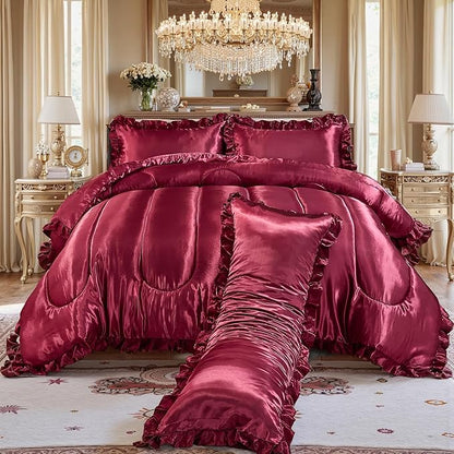 Silk Like King Comforter Satin Bedding 4 Pcs Hotel Soft Polyester Burgundy Bed Set Luxury Silky Body Pillow Cover Ruffle Home Decor