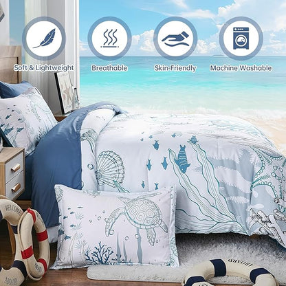 Comforter Set King Size Coastal, Seaweed & Turtle Comforters 7 Pieces Ocean Coral Bed in a Bag Nautical Bedding with Sheets for Spring Summer Decor