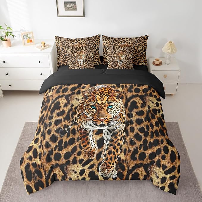 Cheetah Comforter Set 7 Pieces,African Leopard Skin Print Bed Set,Luxury Wildlife Animal Theme Bedding Set for Kids,Queen(1 Comforter,2 Pillowcase,2 Pillow Covers,1 Flat Sheet,1 Fitted Sheet)