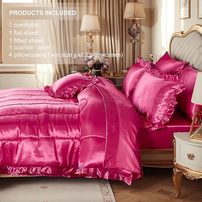 Bedding_Dreamer King Size Satin Bed in a Bag Hot Pink Bedding Set Silk Like Silky Comforter Set Sexy Silky Sheet Set Luxury Hotel Room Decor Womens Girly Bed Sets Ruffled Gothic Down Comforter 8 Pcs
