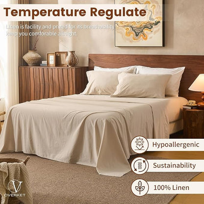 100% Linen Sheets King Size,Breathable & Durable 4-Piece Bed Flax Sheet Set,Soft All-Season Bedding for Hot Sleepers 16" Deep Pocket Oeko-TEX Certified,（King, Linen）