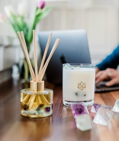 Crystal Infused Reed Diffuser, 4 OZ, Focus - Fluorite Crystal Infused - Scents of Orange, Ginger, Ylang-ylang, & Lavender - Home Decor, House Warming, Stick Perfume, Coffee Table