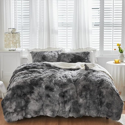 Luxury Faux Fur Shaggy Comforter Set Twin Size, Plush & Sherpa Reversible Comforter Tie Dye Black, 3 Pieces Fluffy Fuzzy Bedding Set Ultra Soft and Warm for Winter (1 Comforter + 2 Pillowcases)