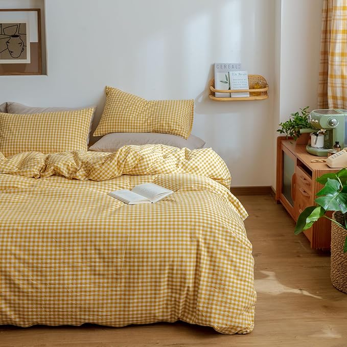 mixinni Yellow Gingham Comforter Set Twin XL, Plaid Comforter Set 3 Pieces 1 Yellow Grid Comfoter with 2 Pillow Cases for All Seasons, Soft Fluffy Modern Grid Pattern Printed Bedding-Twin XL Size