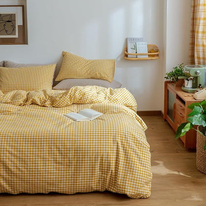 mixinni Yellow Gingham Comforter Set Twin XL, Plaid Comforter Set 3 Pieces 1 Yellow Grid Comfoter with 2 Pillow Cases for All Seasons, Soft Fluffy Modern Grid Pattern Printed Bedding-Twin XL Size