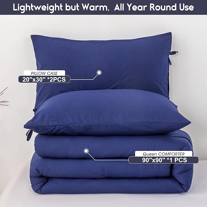 Queen Bed Comforter Set - Super Soft Washed Polycotton Fabric - Cozy Comfy Down Alternative Bed Blanket Comforter Set and Pillowcase Lightweight but Warm for All Season Use - Queen Navy Blue