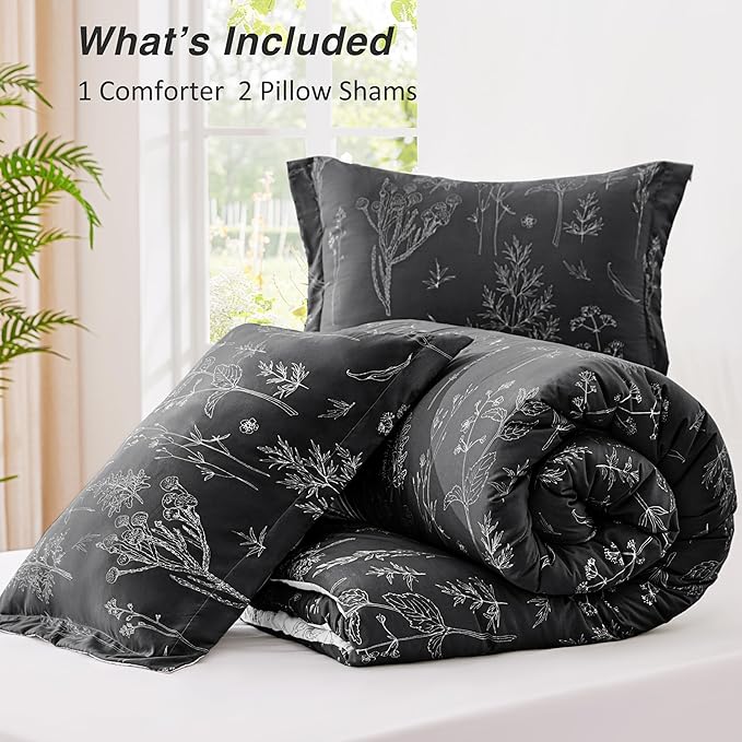 Love's cabin Black Queen Comforter Set - Queen Size Comforter Set, 3 Pieces Cute Floral Bedding Sets for All Seasons,1 Soft Reversible Botanical Flowers Comforter and 2 Pillow Shams