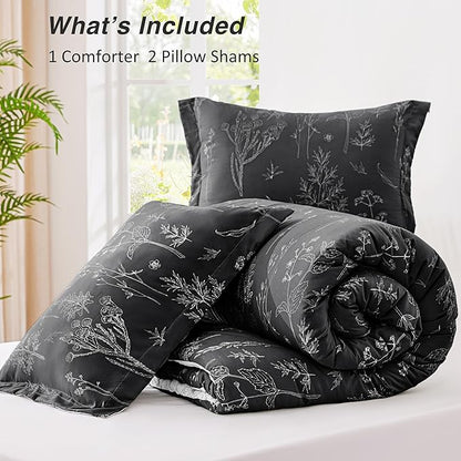 Love's cabin Black Queen Comforter Set - Queen Size Comforter Set, 3 Pieces Cute Floral Bedding Sets for All Seasons,1 Soft Reversible Botanical Flowers Comforter and 2 Pillow Shams