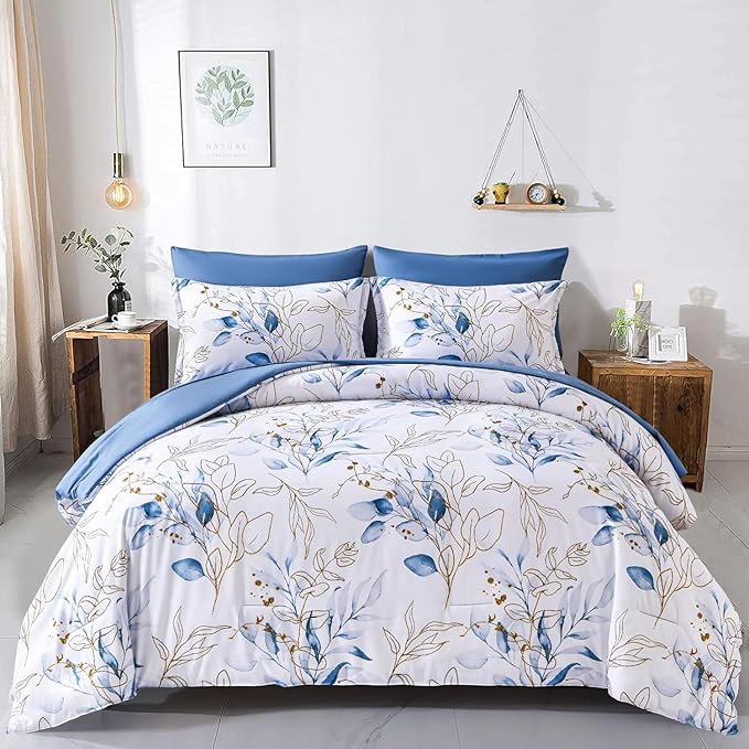 WONGS BEDDING Botanical Comforter Set Queen, 7 Pieces Floral Reversible Bed in a Bag Gold Blue Leaves Bedding Set Queen (1 Comforter,2 Pillowcase,2 Pillow Shams,1 Flat Sheet,1 Fitted Sheet)