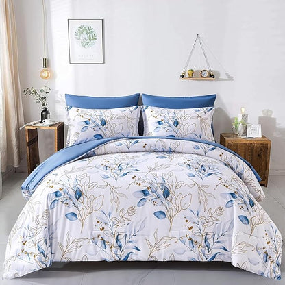 WONGS BEDDING Botanical Comforter Set Queen, 7 Pieces Floral Reversible Bed in a Bag Gold Blue Leaves Bedding Set Queen (1 Comforter,2 Pillowcase,2 Pillow Shams,1 Flat Sheet,1 Fitted Sheet)