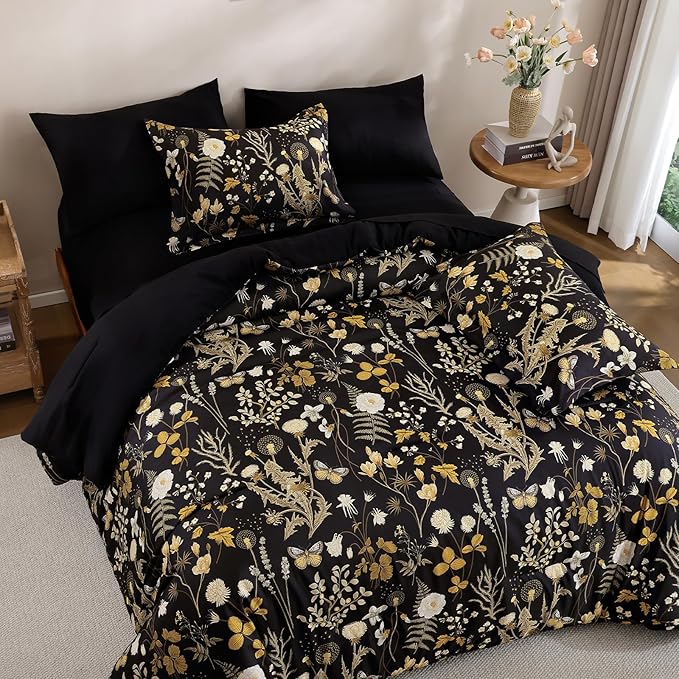 Yiran Queen Comforter Set, 7 Pieces Black Floral Soft Bedding Sets, Queen Bed in a Bag with Brown Botanical Flowers Winter Comforter, Sheets, Pillowcases & Shams