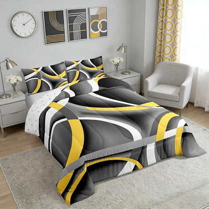 Castle Fairy Black Yellow Gray Abstract Stripes Full Size Comforter Set Geometric Circle Bedding Set for Kids Adults Teens Modern Retro Comforter Luxury Geometric Quilt Set Room Decor 3Pcs