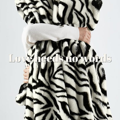 JONIYEAR Soft Fluffy Zebra Print Faux Rabbit Fur Throw Blanket 50" x 60", Luxury Cozy Shaggy Fuzzy Blankets, Reversible Cute Warm Animal Printed Blanket for Women Winter,Washable,Cream White and Black
