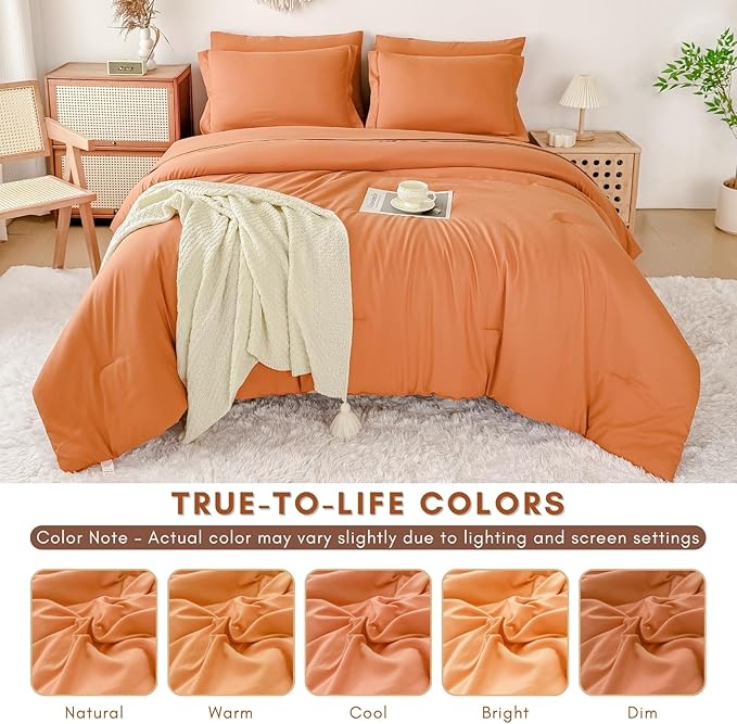 Cal King Comforter Duvet Cover Set Burnt Orange - 7-Piece Bed in a Bag, Double Brushed Micorfiber All-Season Soft Bedding with Sheets & Envelope Pillowcases(104"x90",Cal King)