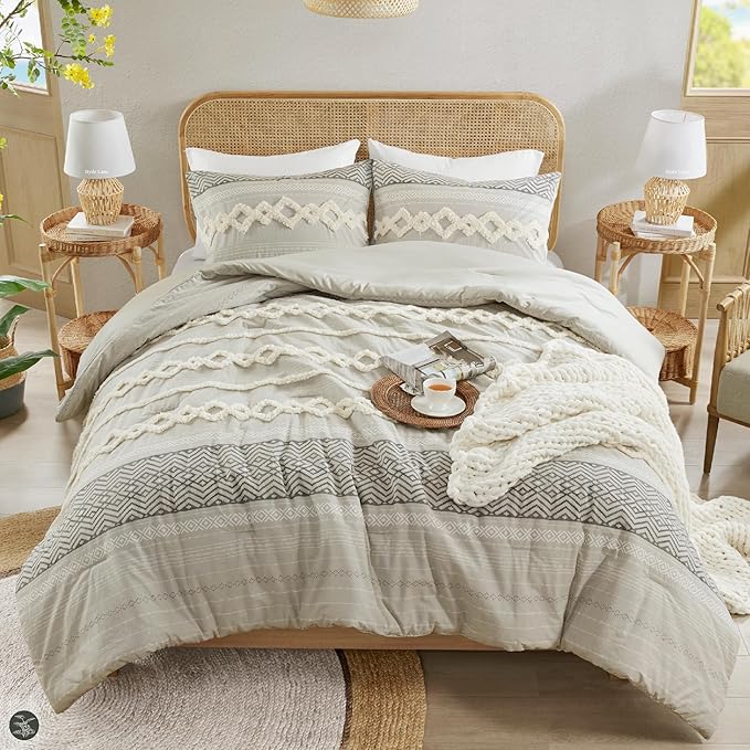 Hyde Lane Farmhouse Comforter Set Gray, Full/Queen Size Boho Bedding Sets, Cotton Top with Modern Neutral Style Clipped Jacquard Stripes, 3-Pieces Including Matching Pillow Shams (90x90 inches)