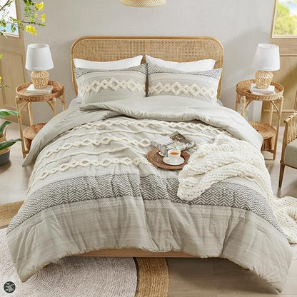 Hyde Lane Farmhouse Comforter Set Gray, Full/Queen Size Boho Bedding Sets, Cotton Top with Modern Neutral Style Clipped Jacquard Stripes, 3-Pieces Including Matching Pillow Shams (90x90 inches)