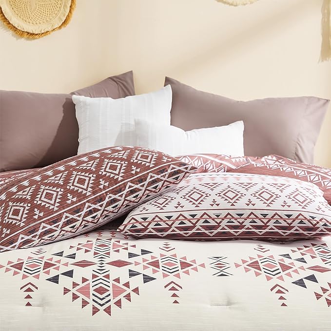 Geniospin Queen Comforter Set - 7 Pieces Reversible Bedding Set, Boho Bed in A Bag, Lightweight Soft Aztec Bedding, All Season Bed Comforter Set with Sheets, Pillowcases & Shams
