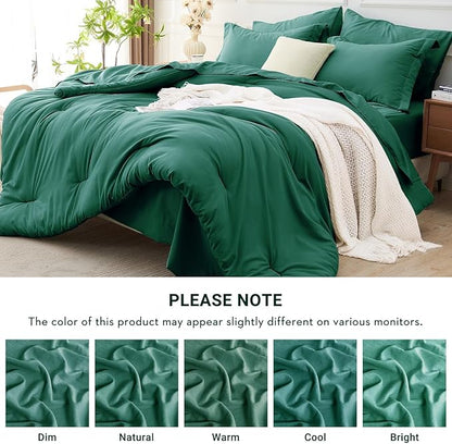 MUXHOMO 7 Pieces King Comforter Set, Soft Bed in a Bag King Size, All Season Bedding Set with Comforter, Flat Sheet, Fitted Sheet, Pillowcases & Shams, Emerald Green