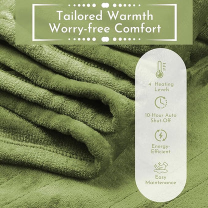 Electric Heated Blanket 84"x90" Queen Size Flannel Heated Blanket, Cozy & Warm for All Night, 4 Heat Settings & 10 Hours Auto Off, Machine Washable, Green