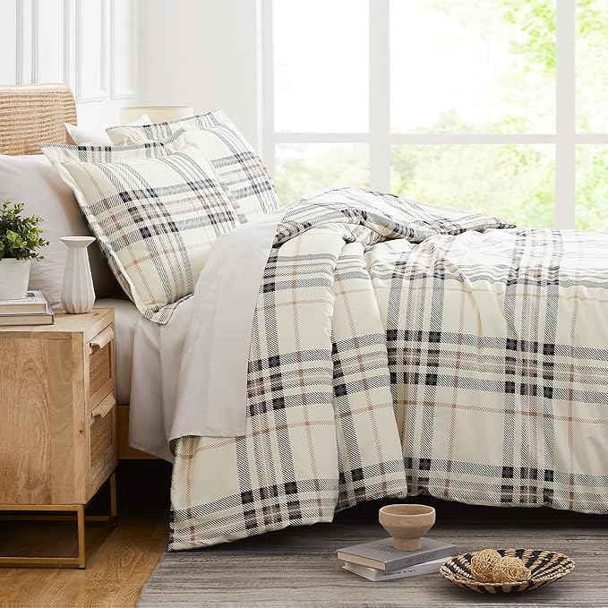 Southshore Fine Living, Inc. 3-Piece California King Size Comforter Set with 2 Pillow Shams, Cozy Double Brushed Microfiber, Down Alternative Comforter, King/California Size, Tofu Cream Plaid