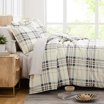 Southshore Fine Living, Inc. 3-Piece Full/Queen Comforter Set with 2 Pillow Shams, Premium Bedding Set, Oversized Down Alternative Lightweight, All Season Comforter Queen Size/Full, Tofu Cream Plaid