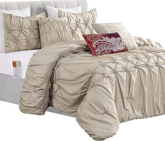 Elegant Comfort 12-Piece Bed-in-a-Bag, Ella Pleated Ruched Pintuck Comforter Set, 6-Piece Sheet Set Featuring Smart Pockets, Matching Decorative Pillows, All Season Bedding, California King, Linen