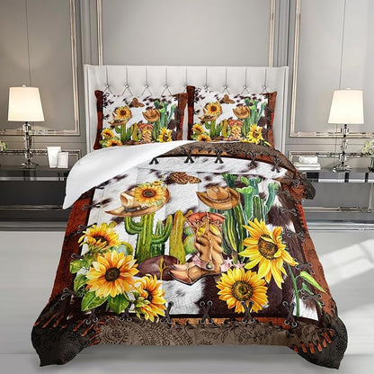 West Comforter Set Twin Size, Brown and White Cow Print 3 Pieces Bedding Set, Western Cowboy Plant Quilts Set Lightweight Soft Microfiber Warm Down Alternative with 2 Pillowcase All Season