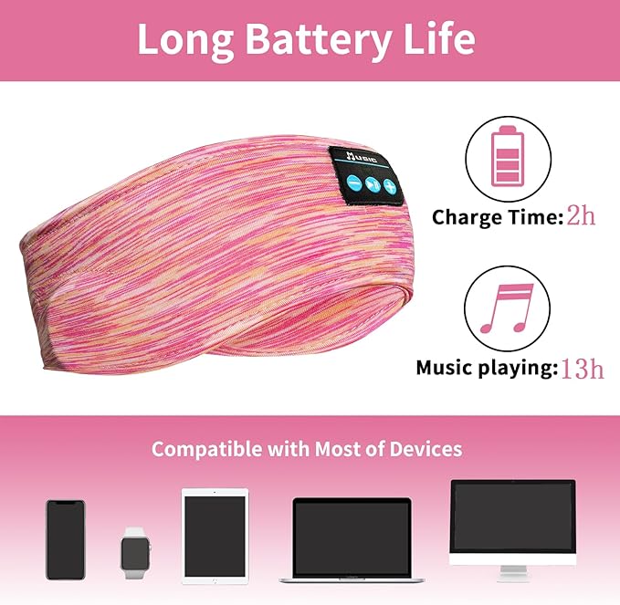 Bluetooth Headphones, Sleep Headphones Headband Wireless for Sleeping Side Sleepers - Adjustable Sleep Headphone, and Bluetooth Headbands for Women (Pink)